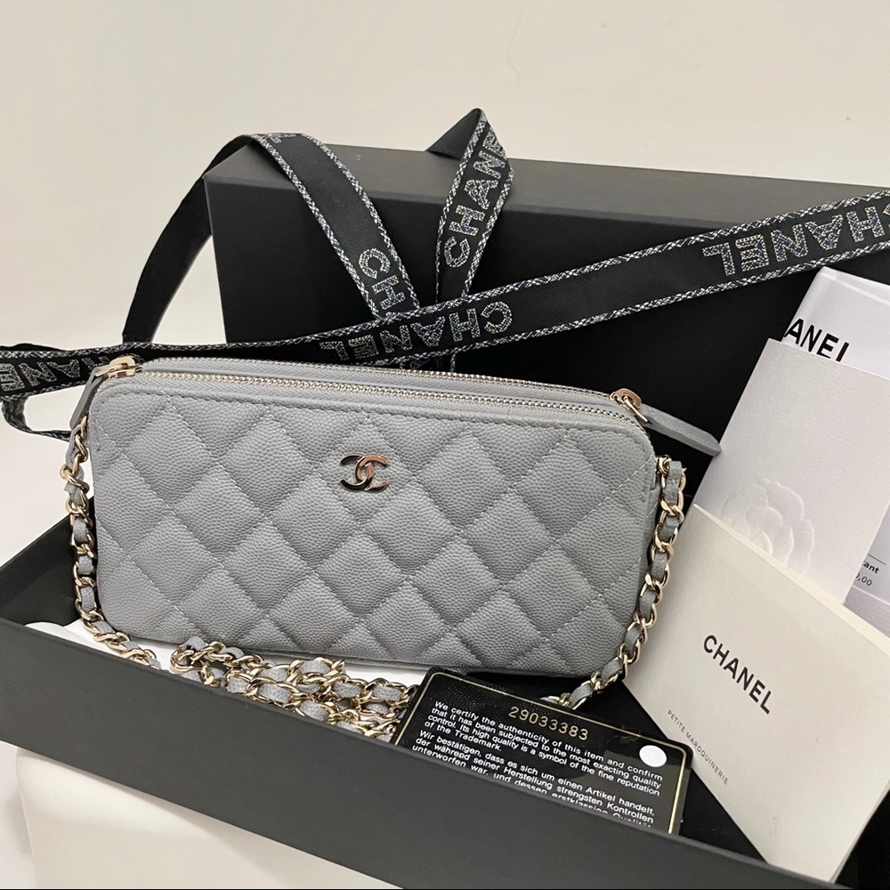 CHANEL Classic Clutch on Chain Gray Cavair
